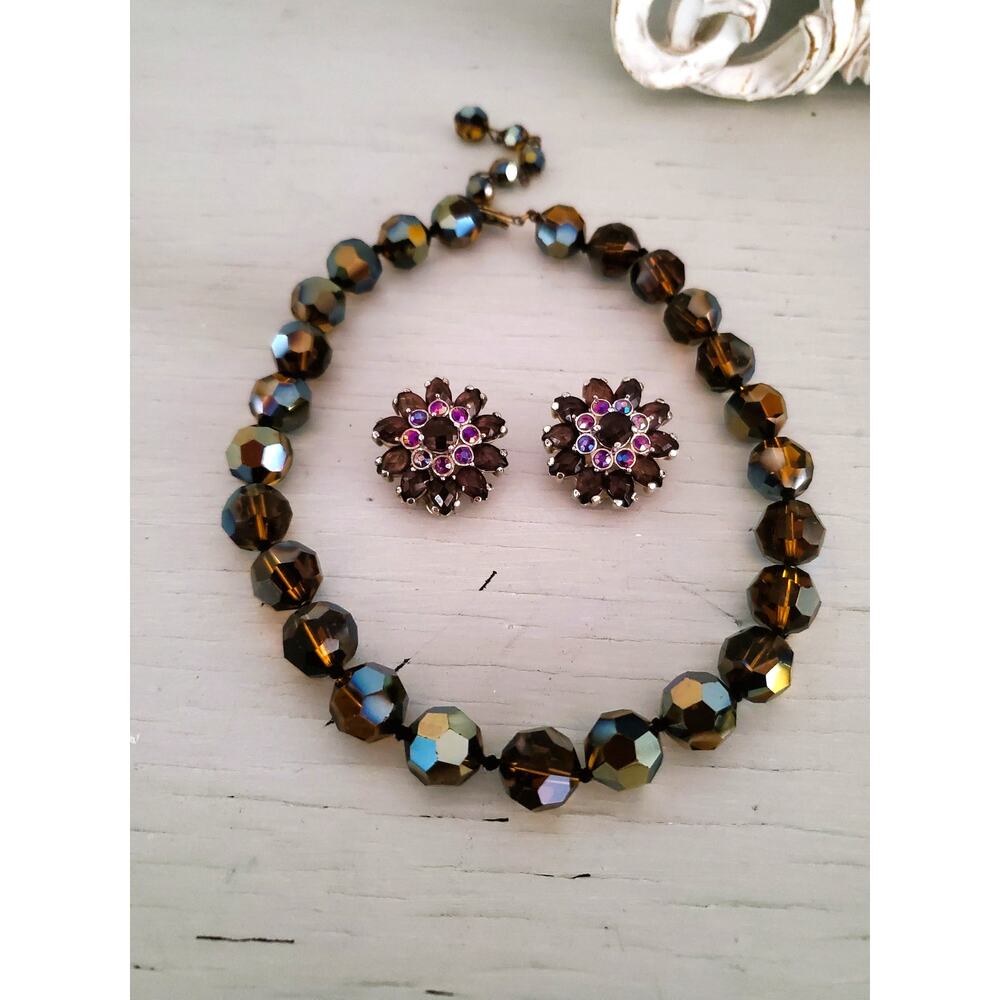 Vintage Cognac Topaz Crystal AB Faceted Glass Bead Choker Necklace & Earring Set